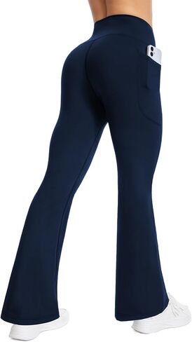 BELYQLY Women's High Waist Yoga Pants, with Side Pockets Flared Leggings, Workout Bell Bottoms in Saudi Arabia