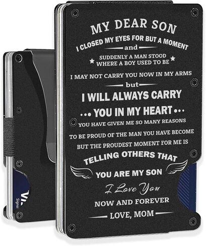 CHANDE To My Son Gift | Men Engraved Minimalist Metal Wallet from Mom Mother | Custom Love Message Slim Aluminum Card Holder with Money Clip | Graduation Birthday Wedding Christmas Deployment in Saudi Arabia