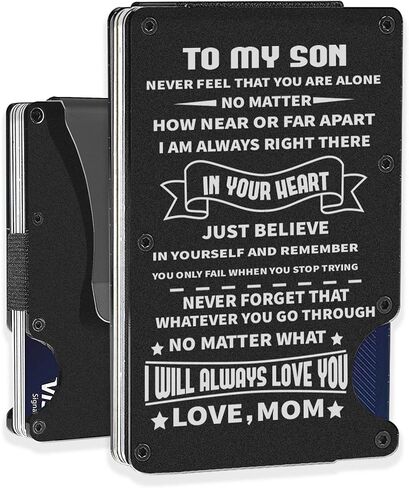 CHANDE To My Son Gift | Men Engraved Minimalist Metal Wallet from Mom Mother | Custom Love Message Slim Aluminum Card Holder with Money Clip | Graduation Birthday Wedding Christmas Deployment in Saudi Arabia