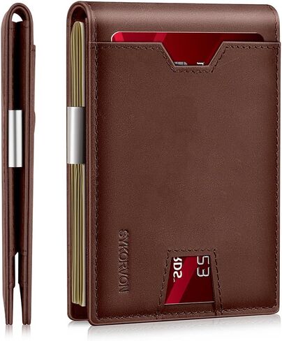 Genuine Leather Bifold Wallet for Men, Slim, RFID Blocking Card Holder Wallet, Minimalist Front Pocket Mens Wallet with Money Clip, ID Window (Brown) in Kuwait