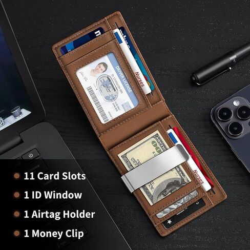 Genuine Leather Bifold Wallet for Men, Slim, RFID Blocking Card Holder Wallet, Minimalist Front Pocket Mens Wallet with Money Clip, ID Window (Brown) in Kuwait