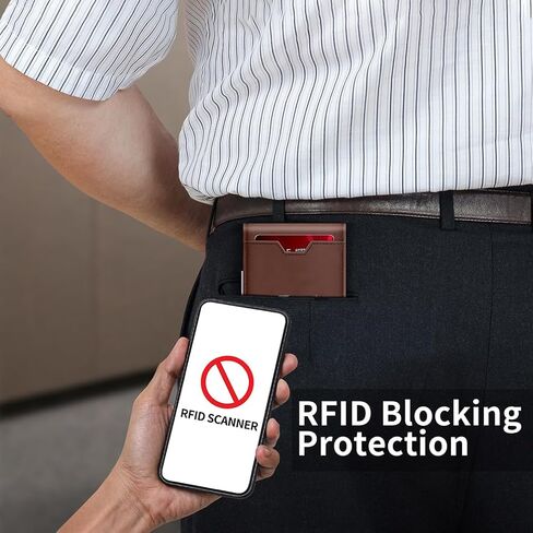 Genuine Leather Bifold Wallet for Men, Slim, RFID Blocking Card Holder Wallet, Minimalist Front Pocket Mens Wallet with Money Clip, ID Window (Brown) in Kuwait