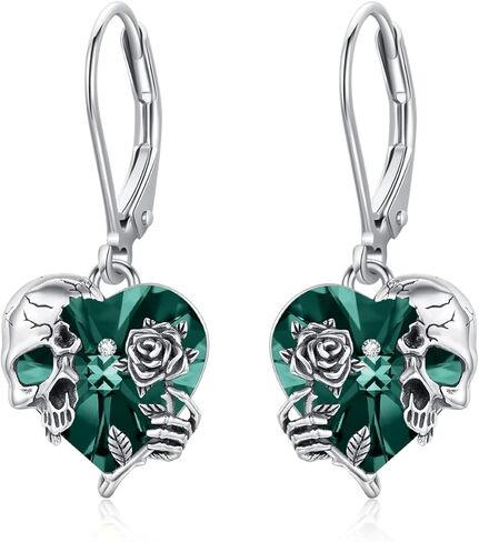 Rose Skull Earrings S925 Sterling Silver Heart Crystal Birthstone Dangle Drop Earrings Hypoallergenic Gothic Skull Leverback Jewelry for Women Halloween Christmas Gifts in Kuwait