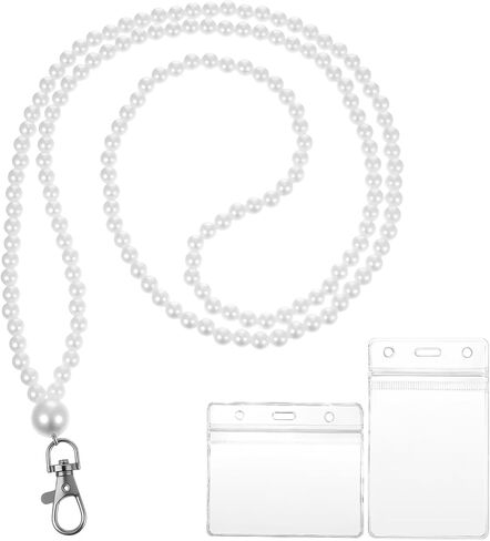 حبل اللؤلؤ الأبيض للنساء، حامل شارة الهوية من اللؤلؤ الصناعي الأكريليك مع فتحات للبطاقات، حامل حبل للمعلم خفيف الوزن 23 بوصة لبطاقات الهوية وبطاقة الاسم والمفاتيح in Kuwait