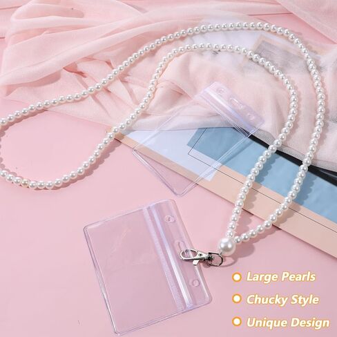 حبل اللؤلؤ الأبيض للنساء، حامل شارة الهوية من اللؤلؤ الصناعي الأكريليك مع فتحات للبطاقات، حامل حبل للمعلم خفيف الوزن 23 بوصة لبطاقات الهوية وبطاقة الاسم والمفاتيح in Kuwait