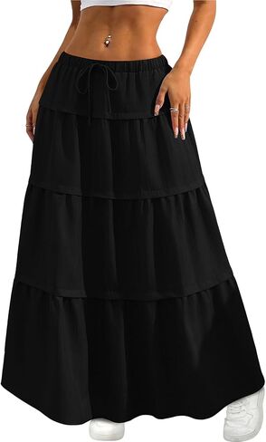 Anbech تنورة نسائية ماكسي صيفية بوهو بطبقات على شكل حرف a عالية الخصر للشاطئ تنانير طويلة مع جيوب in Kuwait