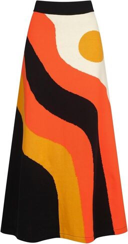 OXKnit Knittd Midi Skirts for Women, Mod Style Casual Retro Stripes and Circle Pattern High Waist A Line Cotton Skirts in Saudi Arabia