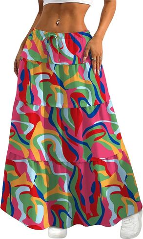 Anbech Women Maxi Skirt Summer Boho Layered A-Line High Waist Beach Flowy Long Skirts with Pockets in Saudi Arabia