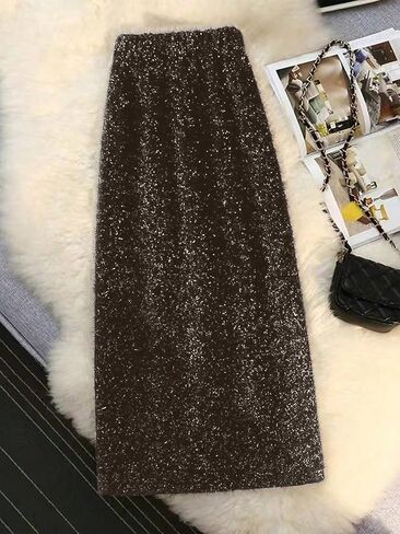 Women's Chocolate Brown Glitter Knit Midi Skirt - High-Waisted Bodycon Sparkly Casual Evening Party Pencil Skirt in Saudi Arabia