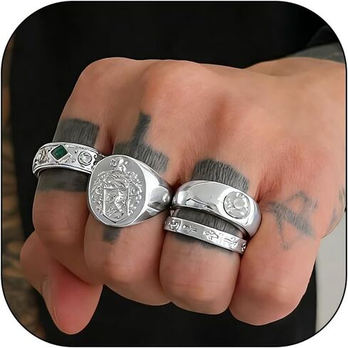 HUASAI 4Pcs Gold Stackable Rings for Women Men Vintage Ring Gold Harmmered Finger Rings Set Pack Geometric Jewelry in Saudi Arabia