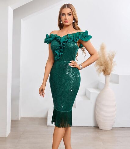 Cololura Women Sexy Off Shoulder Sequin Midi Dress - Ruffle Fringe Hem Bodycon Cocktail Dress Formal Evening Party Gown in Saudi Arabia