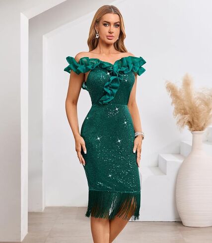 Cololura Women Sexy Off Shoulder Sequin Midi Dress - Ruffle Fringe Hem Bodycon Cocktail Dress Formal Evening Party Gown in Saudi Arabia