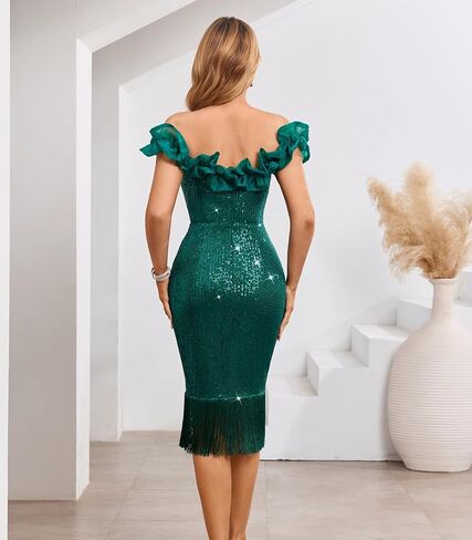 Cololura Women Sexy Off Shoulder Sequin Midi Dress - Ruffle Fringe Hem Bodycon Cocktail Dress Formal Evening Party Gown in Saudi Arabia
