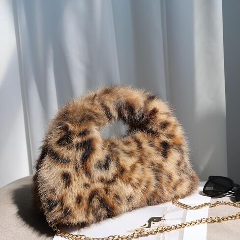 Faux Fur Hobo Handbag Shoulder Bag for Women Trendy Furry Crossbody Purse with Long Chain in Saudi Arabia