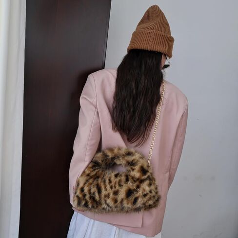 Faux Fur Hobo Handbag Shoulder Bag for Women Trendy Furry Crossbody Purse with Long Chain in Saudi Arabia