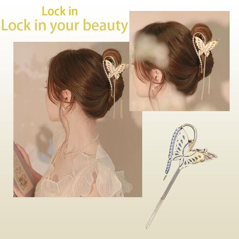 الذهب فراشة مخلب الشعر مقاطع اللؤلؤ سلسلة شرابة حجر الراين فراشة زهرة مقاطع الشعر شرابة نونسليب المشابك إكسسوارات الشعر للنساء والفتيات. مقاطع مخلب للشعر الكثيف in Saudi Arabia