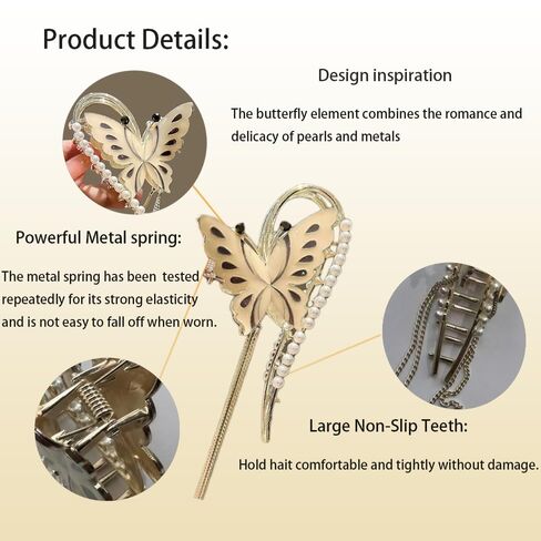 الذهب فراشة مخلب الشعر مقاطع اللؤلؤ سلسلة شرابة حجر الراين فراشة زهرة مقاطع الشعر شرابة نونسليب المشابك إكسسوارات الشعر للنساء والفتيات. مقاطع مخلب للشعر الكثيف in Saudi Arabia