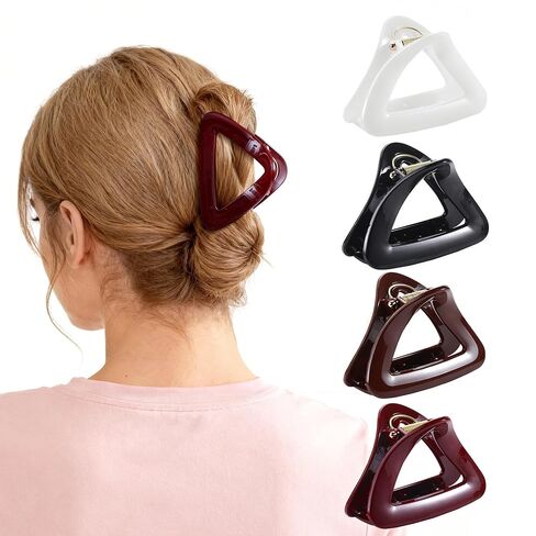 4 Pack Triangle Hair Clips, 3.9" Large Durable Trendy Hair Claw Clip with Bead & Butterfly Spring, Premium PC Material Cozy Fashion Hair Claw for Thick Hair, Gift Set for Women Girls,Daily Wear in Saudi Arabia