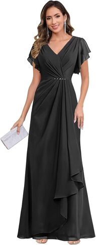 Sparkly Ruffle Sleeves Mother of The Bride Dresses for Women 2025 Long Chiffon V-Neck Pleated Wedding Formal Gown in Kuwait