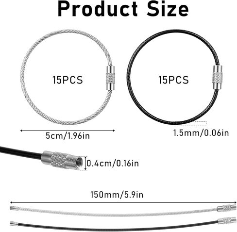 30PCS Wire Keychain Cable, 6 inch Stainless Steel Cables Key Rings, Extendable Wire Keychain Cable, 1.5mm Thick Key Ring Loops Holder for Luggage Tag Loops, ID Keepers, Black & White in Saudi Arabia
