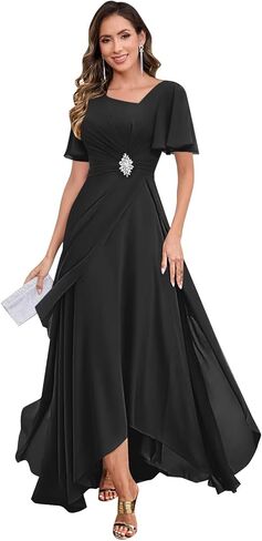 Tea Length Mother of The Bride Dresses Beaded Chiffon V Neck Short Sleeve Formal Wedding Guest Dress in Kuwait