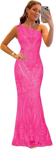 One Shoulder Prom Dresses Sparkly Sequin Long Tight Formal Evening Party Ball Gown in Kuwait