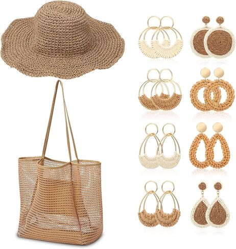10 Pcs Beach Accessories Set Foldable Straw Hat Mesh Tote Bag Rattan Earrings Vacation Essentials Summer Boho Outfit Women Travel Essentials in Saudi Arabia