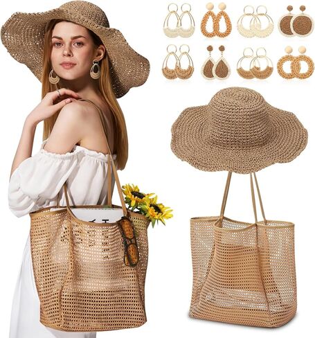 10 Pcs Beach Accessories Set Foldable Straw Hat Mesh Tote Bag Rattan Earrings Vacation Essentials Summer Boho Outfit Women Travel Essentials in Saudi Arabia