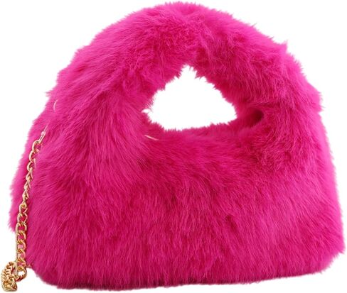 Faux Fur Hobo Handbag Shoulder Bag for Women Trendy Furry Crossbody Purse with Long Chain in Saudi Arabia