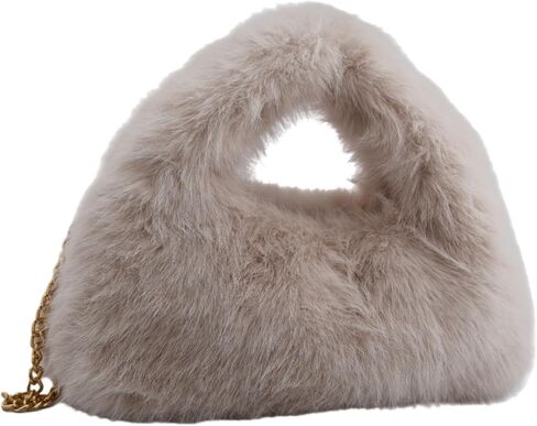 Faux Fur Hobo Handbag Shoulder Bag for Women Trendy Furry Crossbody Purse with Long Chain in Saudi Arabia