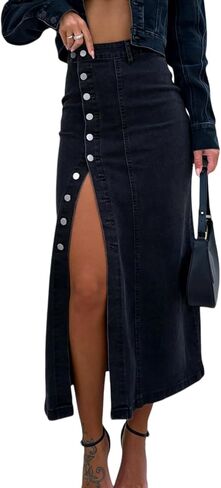 yoeasy Womens Casual Slit Denim Midi Jean Skirt High Waisted Button Up Stretch Trendy A-Line Jean Skirts in Saudi Arabia