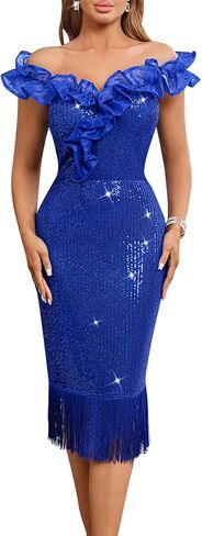 Cololura Women Sexy Off Shoulder Sequin Midi Dress - Ruffle Fringe Hem Bodycon Cocktail Dress Formal Evening Party Gown in Saudi Arabia