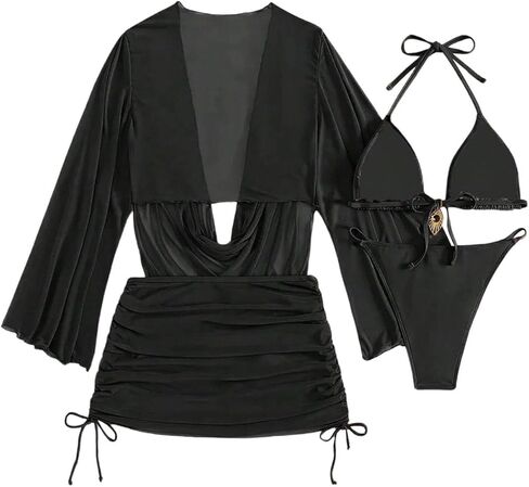 SHENHE Women's 4 Pieces Swimsuit Set Sheer Cover Up Ruched Halter Bikini Swimwear in Saudi Arabia