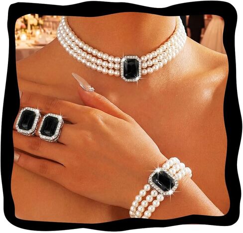 Aukmla Pearl Choker Necklaces and Earring Bracelet Set Crystal Wedding Jewelry Sets Silver Prom Bridal Jewelry for Brides and Women in Saudi Arabia