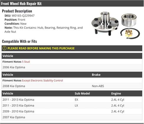 Front Wheel Bearing Hub Repair Kit - 5-Lug - Compatible with 2006-2013 Kia Optima 2.4L 4-Cylinder in Saudi Arabia