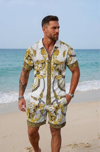 Men's Summer Tracksuit Casual Button Down Hippie T-Shirts Shorts Sets Fashion Beach Track Suit in Saudi Arabia