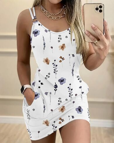 Women Watercolor Floral Print Mini Dress Double Spaghetti Straps U Neck Backless with Side Pockets Daily Casual Outfit in Saudi Arabia