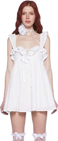 Dolls Kill Sunset Stroll Babydoll Dress by Sugar Thrillz – Eyelet Lace Dress with Ruffles & Lace-Up Front in Saudi Arabia