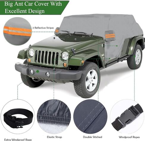 Big Ant Cab Cover for 2007-2025 Je-ep Wrangler Cover JKU JLU 4 Door, Waterproof Half Car Cover Oxford with Reflective Strip, Sun Snowproof Cab Car Cover for Convenient Zipper for Trunk Gray in Kuwait