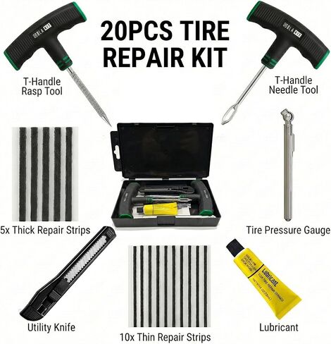طقم إصلاح الإطارات 20 قطعة - طقم سدادات الإطارات المسطحة يتضمن أدوات مريحة على شكل حرف T مع قبضة مغطاة بالمطاط، وشرائط إصلاح الإطارات بمقاسين، وسكين، ومقياس ضغط الإطارات ومواد التشحيم - السيارة، وسيارات الدفع الرباعي، والدراجات النارية، وATV in Kuwait