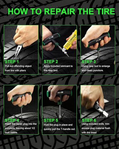 طقم إصلاح الإطارات 20 قطعة - طقم سدادات الإطارات المسطحة يتضمن أدوات مريحة على شكل حرف T مع قبضة مغطاة بالمطاط، وشرائط إصلاح الإطارات بمقاسين، وسكين، ومقياس ضغط الإطارات ومواد التشحيم - السيارة، وسيارات الدفع الرباعي، والدراجات النارية، وATV in Kuwait