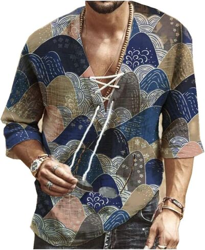 Men's V-Neck Drawstring Floral Print Boho Beach Top Short Sleeve African Summer Shirt in Saudi Arabia