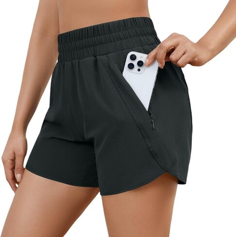 شورت رياضي للجري مقاس 5 بوصات للنساء، عالي الخصر، سريع الجفاف، خفيف الوزن، للتمرين في صالة الألعاب الرياضية مع جيب بسحاب، عامل حماية من الشمس (UPF 50+) in Kuwait