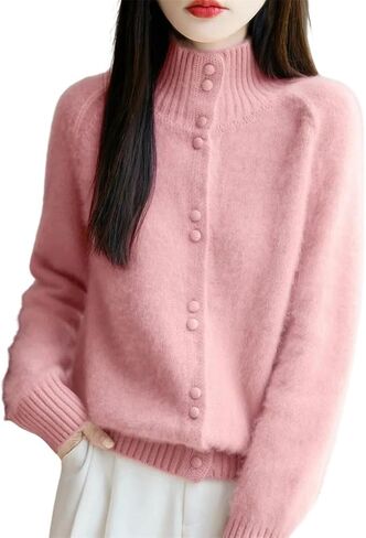 Women's Wool Cardigan High Collar Loose Knit Sweater Winter Thick Warm Single Breasted Jumpers in Saudi Arabia