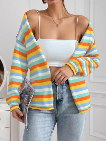 Womens Open Front Stripe Long Sleeve Cardigan Sweater Loose Fit Trendy Casual Cardigans in Saudi Arabia