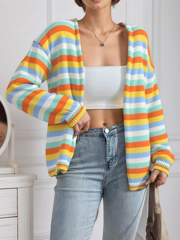 Womens Open Front Stripe Long Sleeve Cardigan Sweater Loose Fit Trendy Casual Cardigans in Saudi Arabia