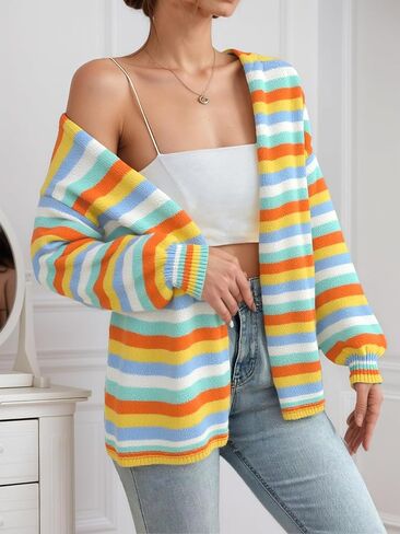 Womens Open Front Stripe Long Sleeve Cardigan Sweater Loose Fit Trendy Casual Cardigans in Saudi Arabia