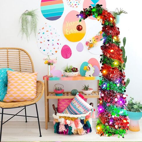 5Ft Collapsible Tinsel Pencil Tree with 50 LED Lights, Easy-Assembly Skinny Tree for Home Apartment Birthday Anniversary Graduation Party Decorations in Kuwait