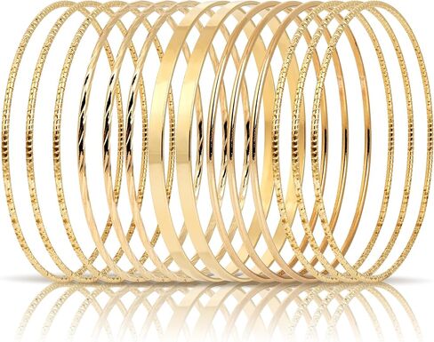 Linkidea Plus Size Bangle Bracelets Set for Women, Set of 14 Stainless Steel Irregular Stacked Round Golden Bangles, 8.6 Inches, Large in Saudi Arabia