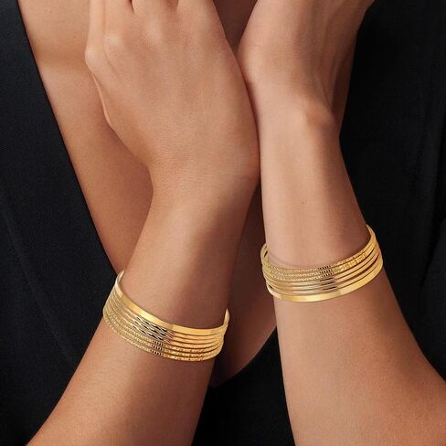 Linkidea Plus Size Bangle Bracelets Set for Women, Set of 14 Stainless Steel Irregular Stacked Round Golden Bangles, 8.6 Inches, Large in Saudi Arabia